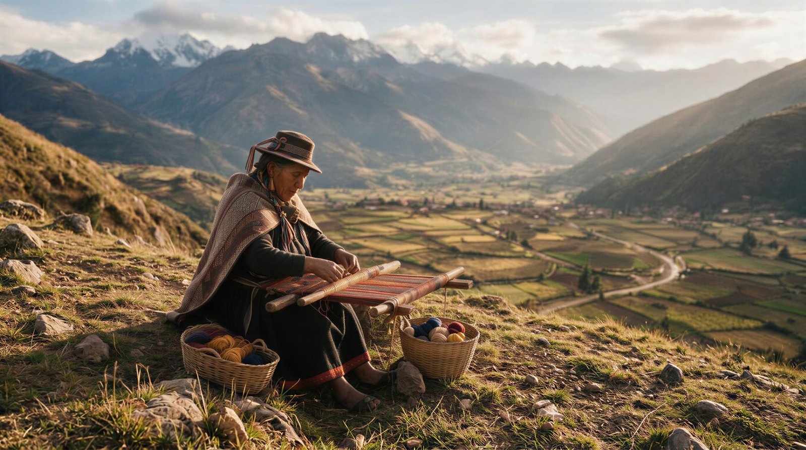 An artisan weaves on a traditional backstrap loom on a hillside, overlooking a patchwork valley in the Andes.