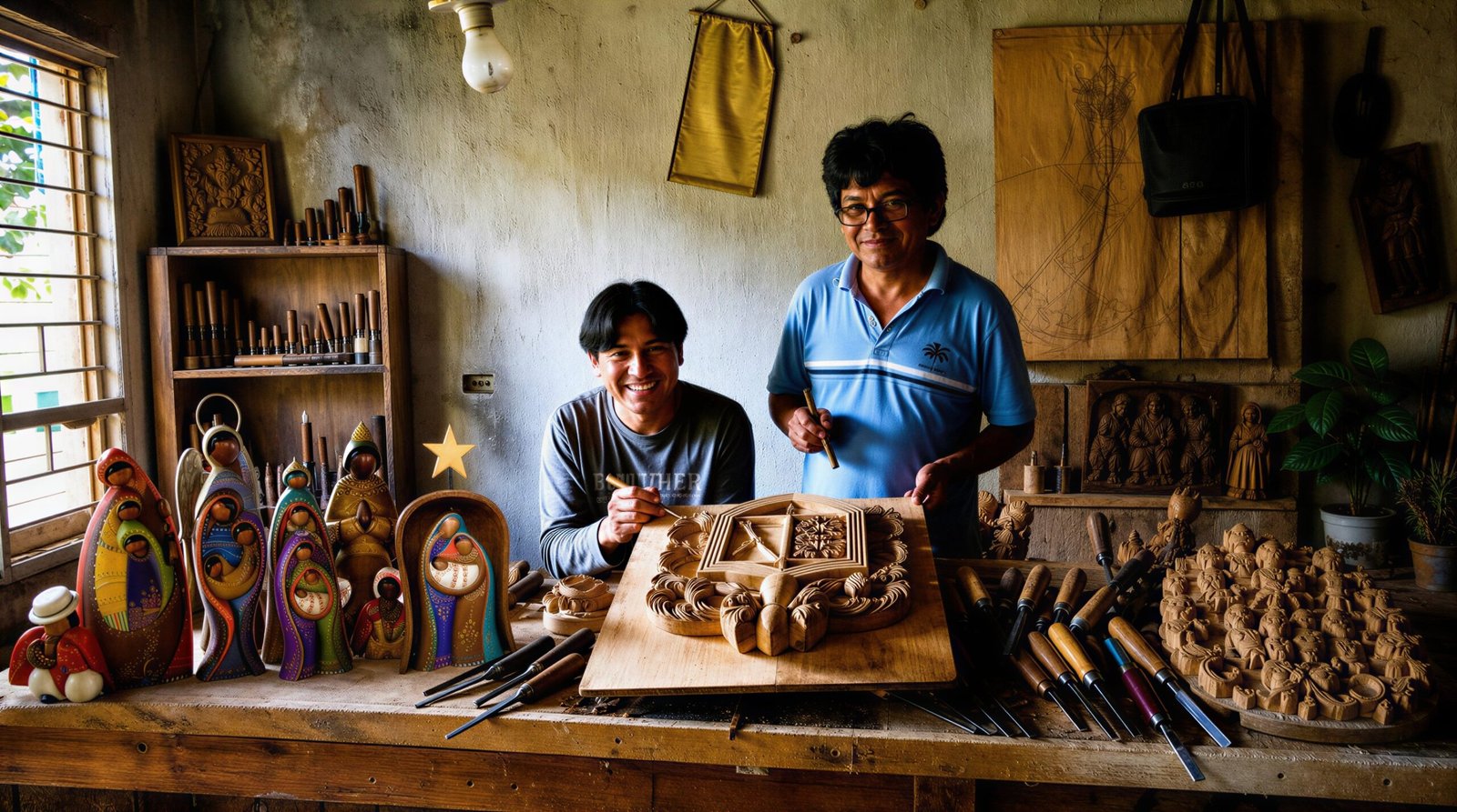 Two woodcarving artisans at their workshop table, surrounded by carving tools and finished pieces