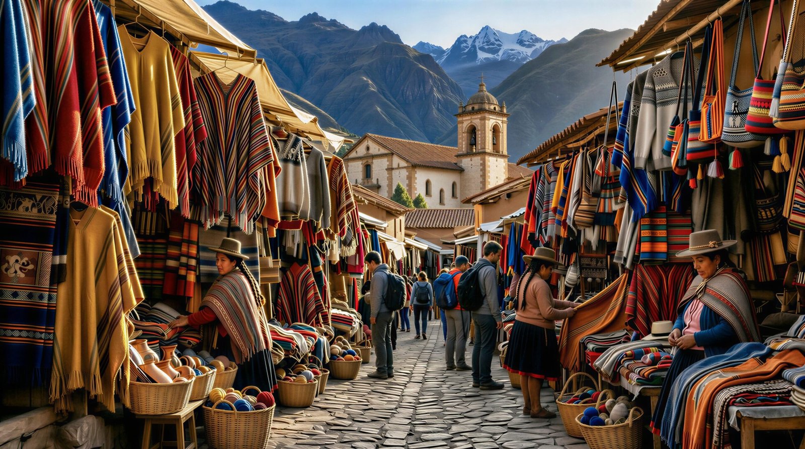 A cobblestone handicraft market lined with colorful woven textiles and ponchos, shoppers browsing beneath a stone church tower.