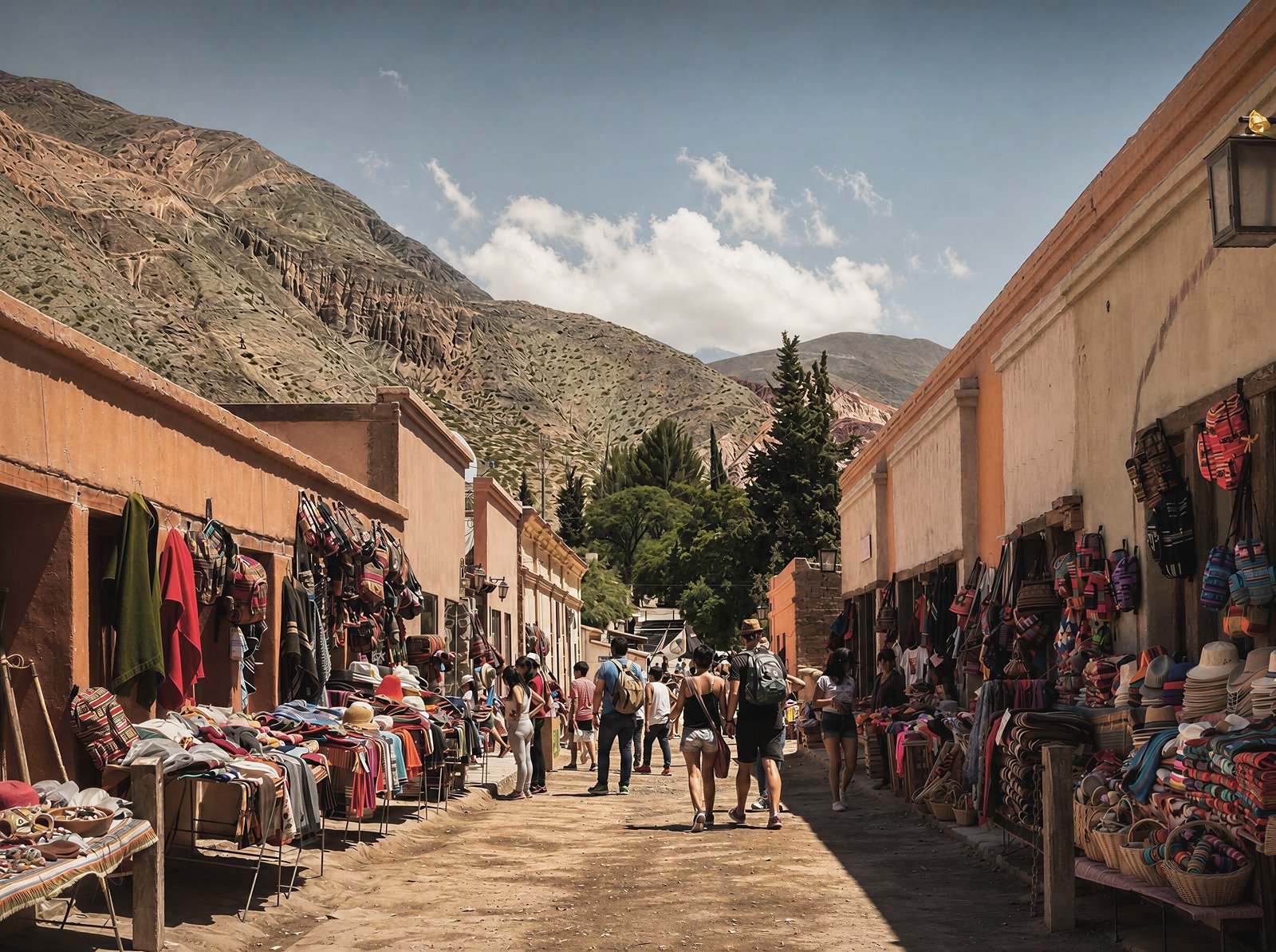 A wide street market in a mountain village, stalls of woven goods lining both sides beneath the Andes.