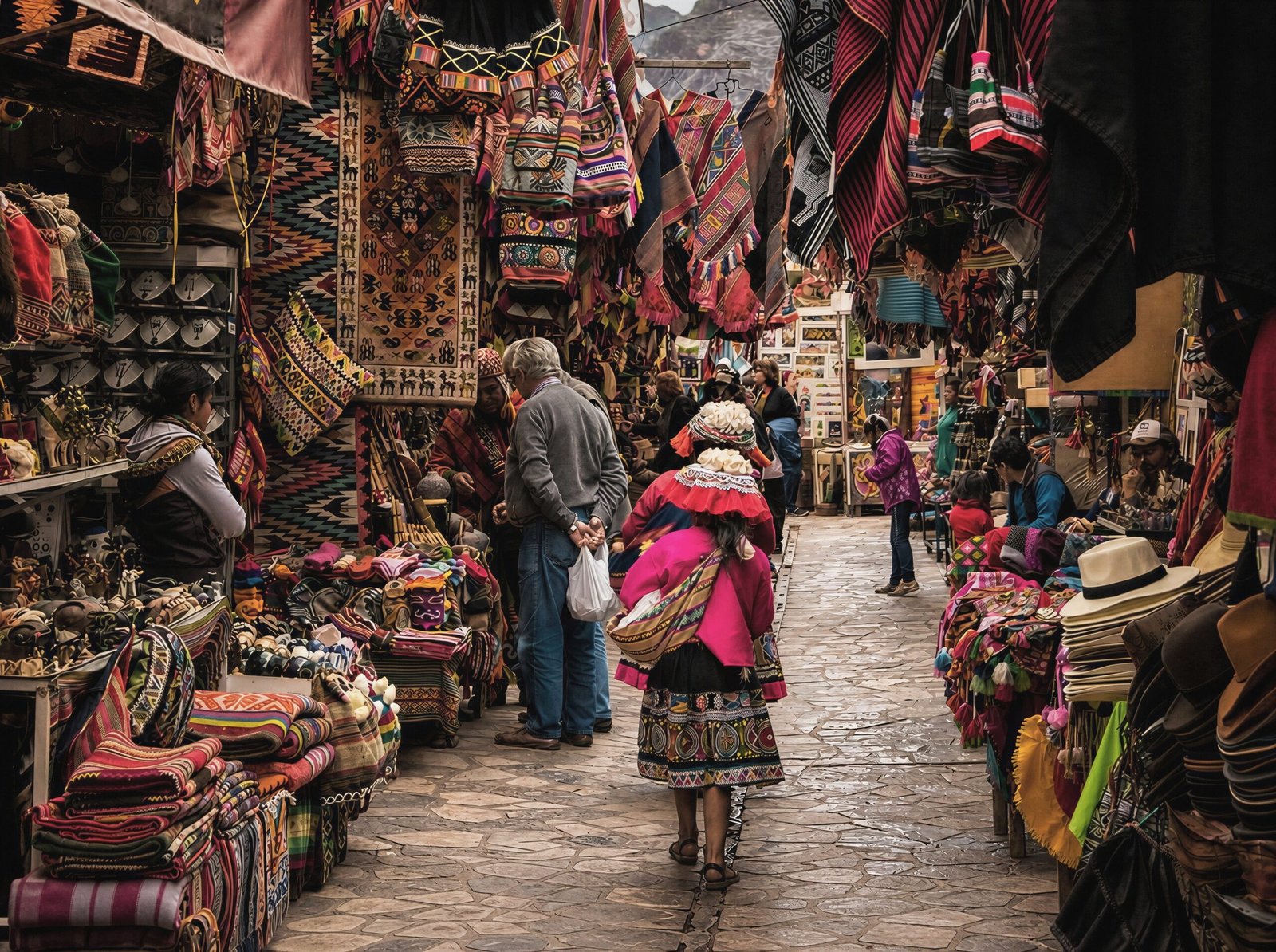 A narrow, colorful market corridor hung with tassels and woven textiles, shoppers moving through the stalls.