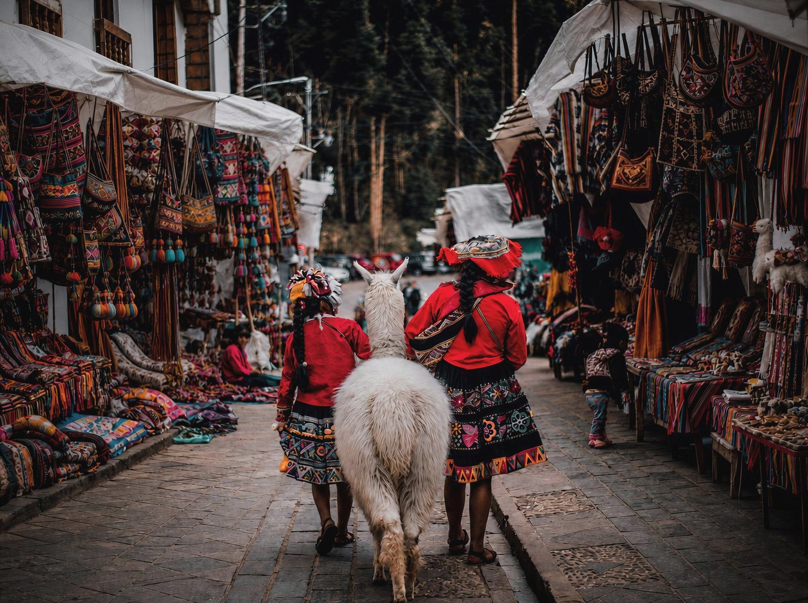 Two people in traditional dress lead a white llama through a market lane hung with woven goods.