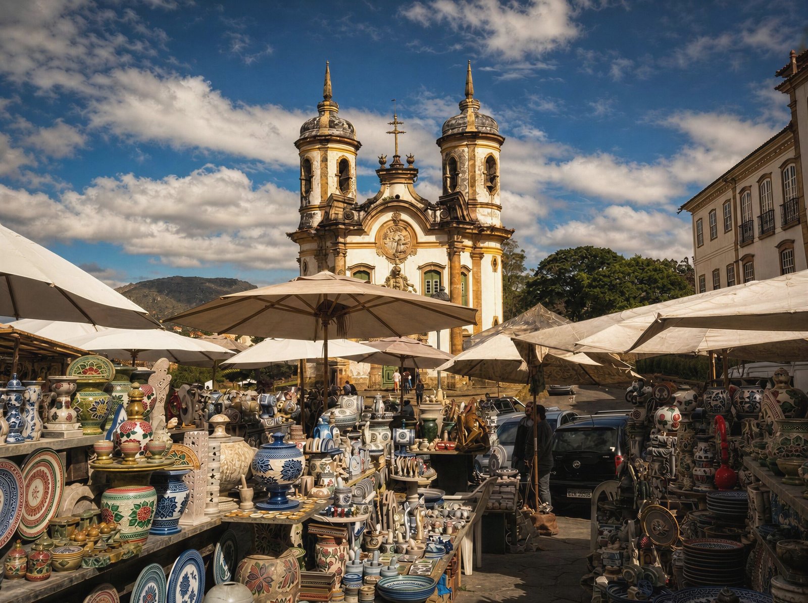 An open-air plaza market beneath a colonial church, striped umbrellas shading rows of stalls.