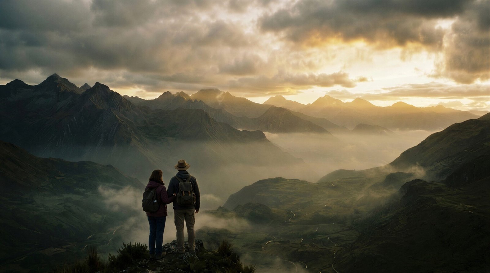 A traveling couple stands on a mountain ridge overlooking a cloud-covered Andean valley at sunset, at the start of their journey through South America.