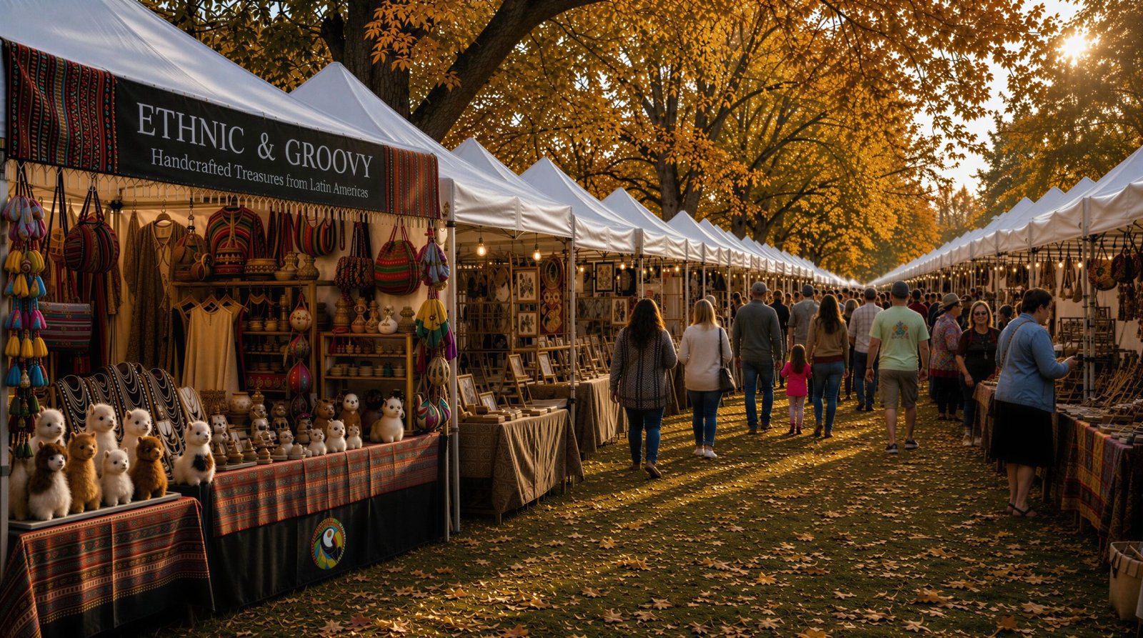 The Ethnic and Groovy booth of handcrafted goods at a U.S. autumn festival, visitors strolling past string-lit market tents.