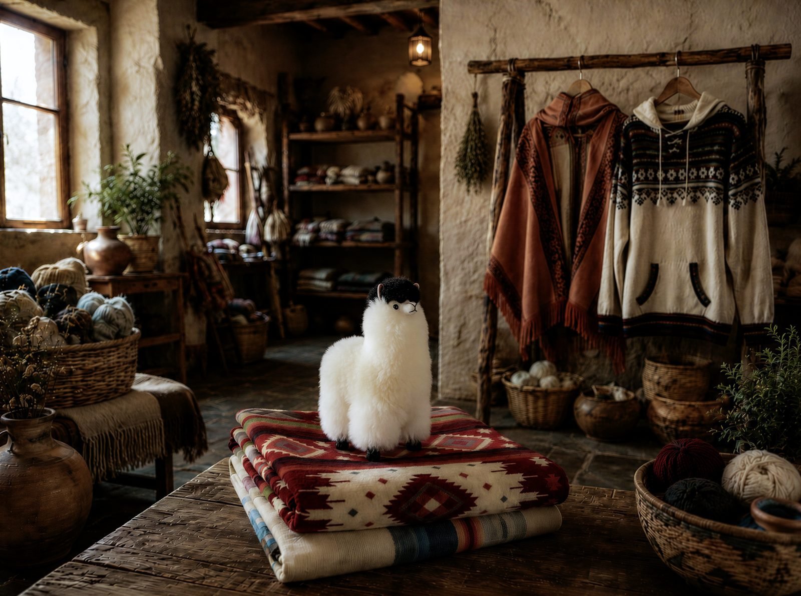 A soft alpaca-wool plush llama resting on folded woven blankets, with alpaca sweaters hanging behind it