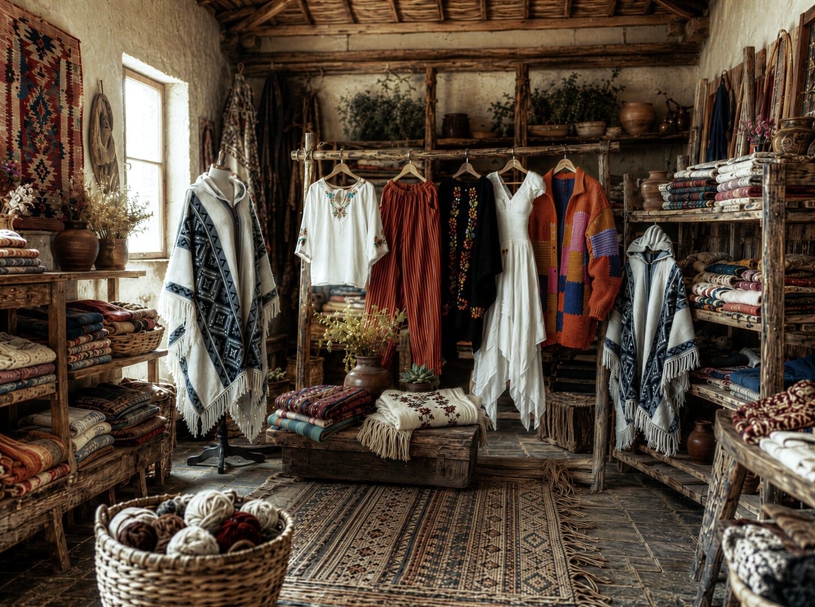 Embroidered blouses, striped pants, a poncho and a colorful knit cardigan hanging in a rustic shop