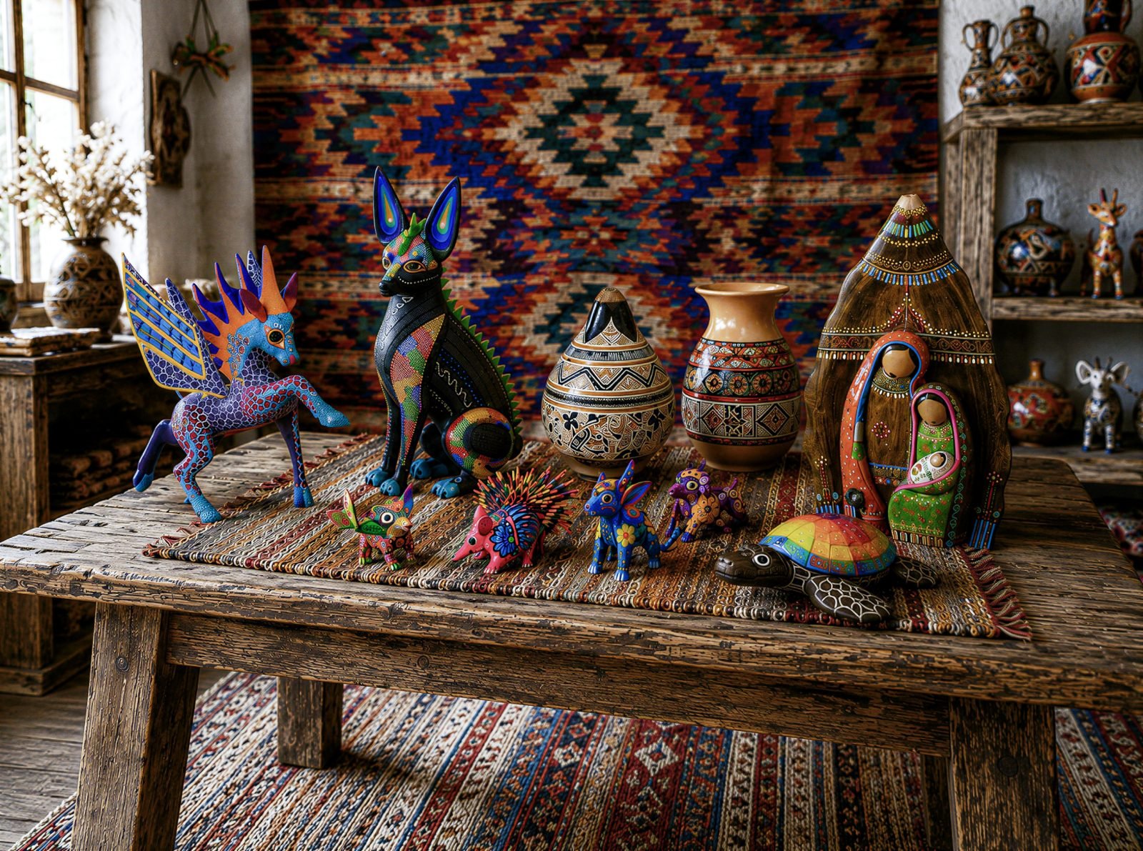 Colorful Oaxacan alebrije wood carvings and black clay pottery displayed against a woven tapestry