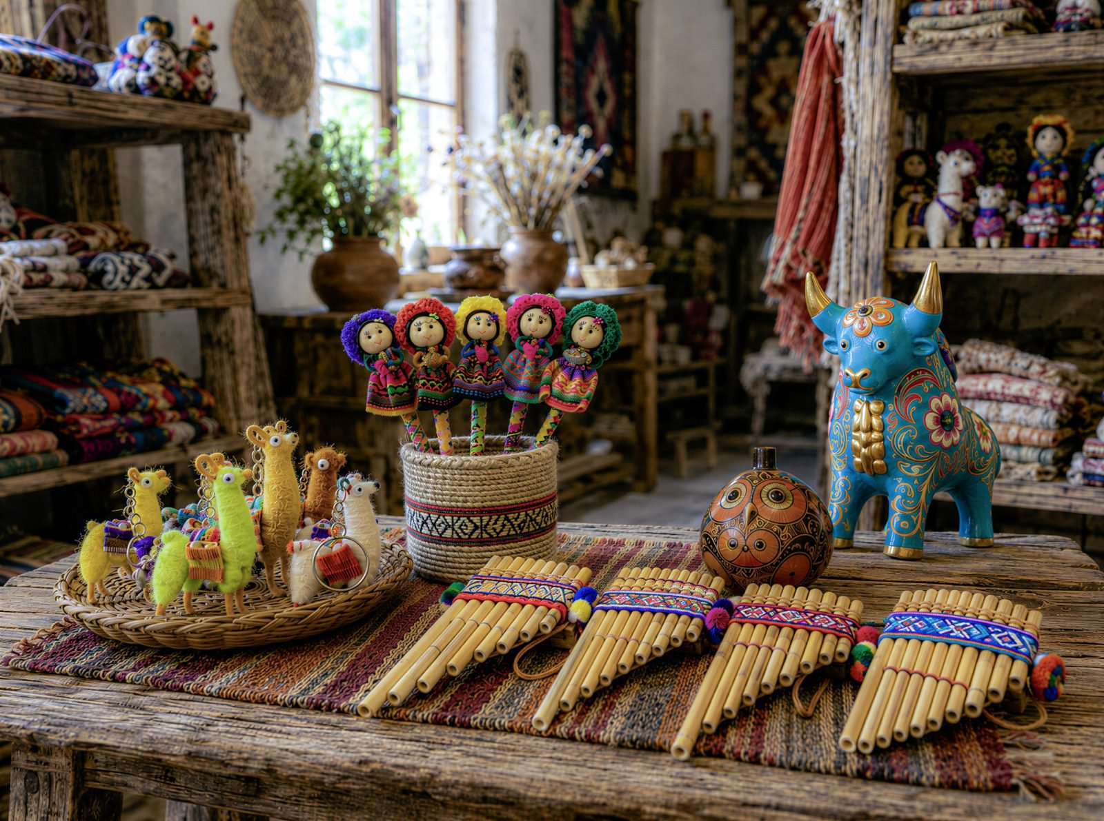 Handmade dolls, llama keychains, panpipes and a painted ceramic owl arranged on a wooden table