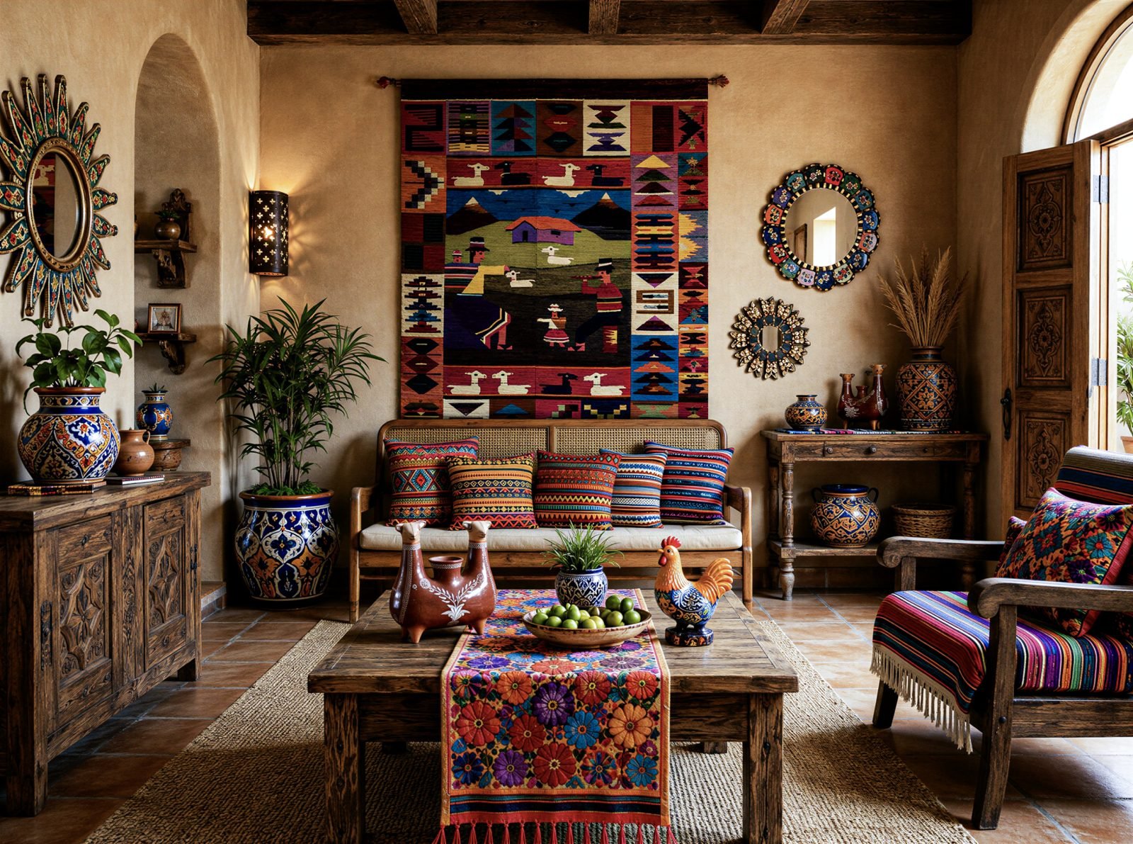 A woven Peruvian wall tapestry above a bench with embroidered pillows and blue-and-white pottery