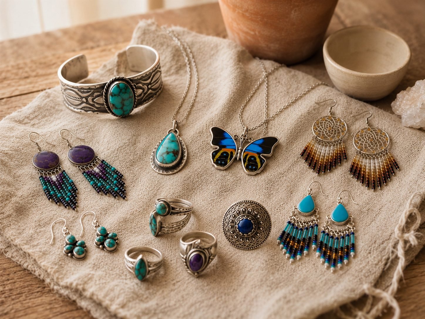 Silver cuffs, turquoise necklaces, beaded earrings and rings laid out on linen